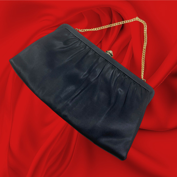 Vintage Harry Levine HL Black Satin Convertible Clutch Purse Bag Gold Chain USA - Picture 1 of 6